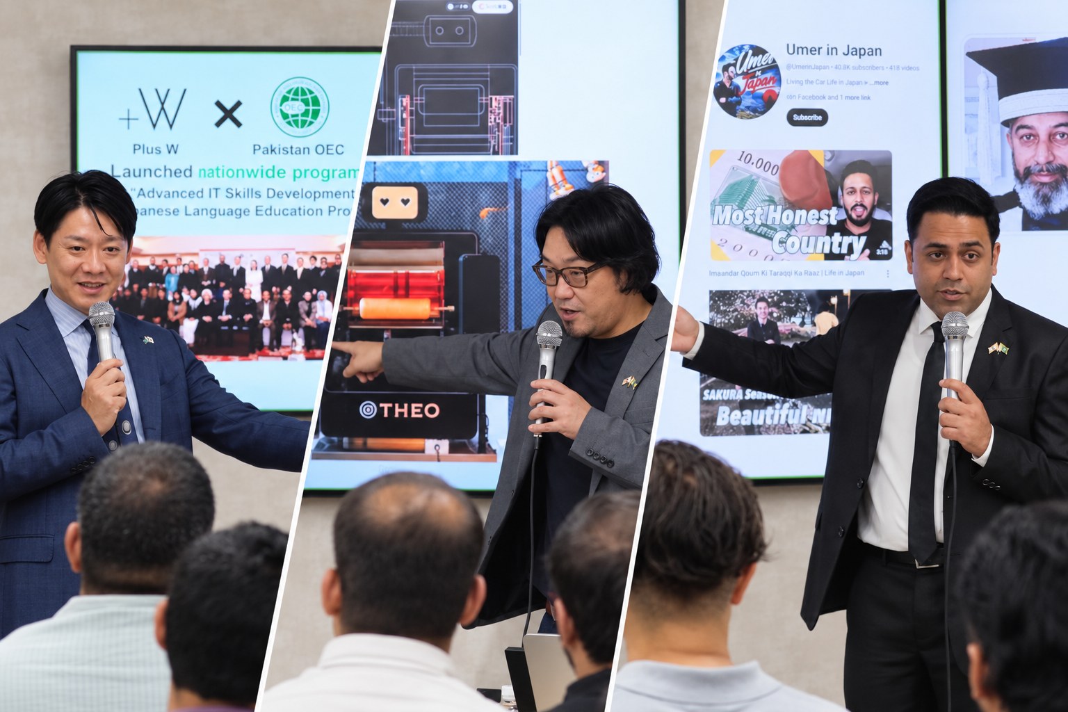 From left: Executive Vice President Takashi Horiuchi, Tsuchiya, Head of IT Development, and Plus W engineer Abdul Ahad presenting.